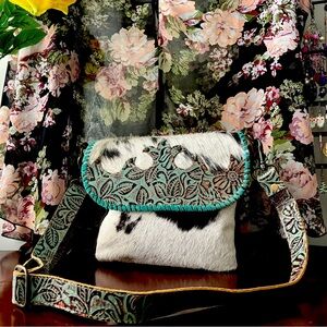 Myra Bag Turquoise Fleurs Leather & Hairon Bag EUC